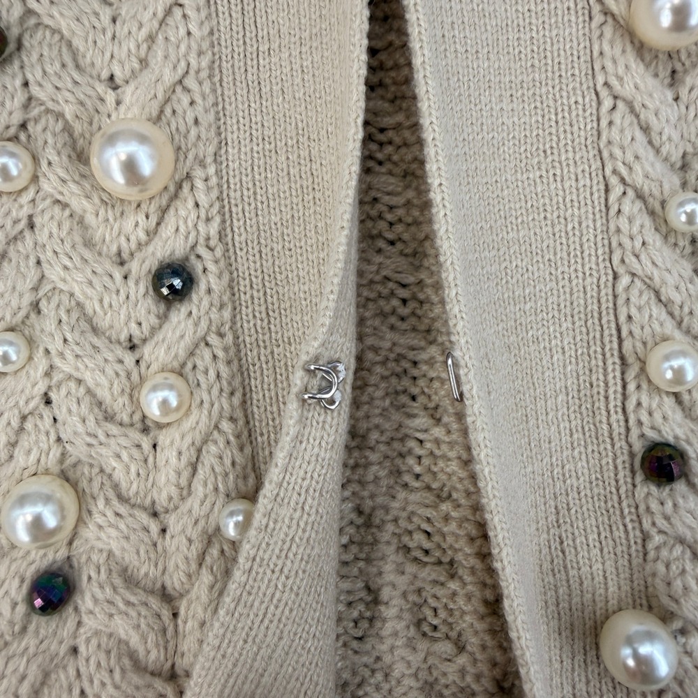 Boston Proper Beige Pearl Embellished Cable Knit Cardigan Sweater Womens Medium - Picture 4 of 8